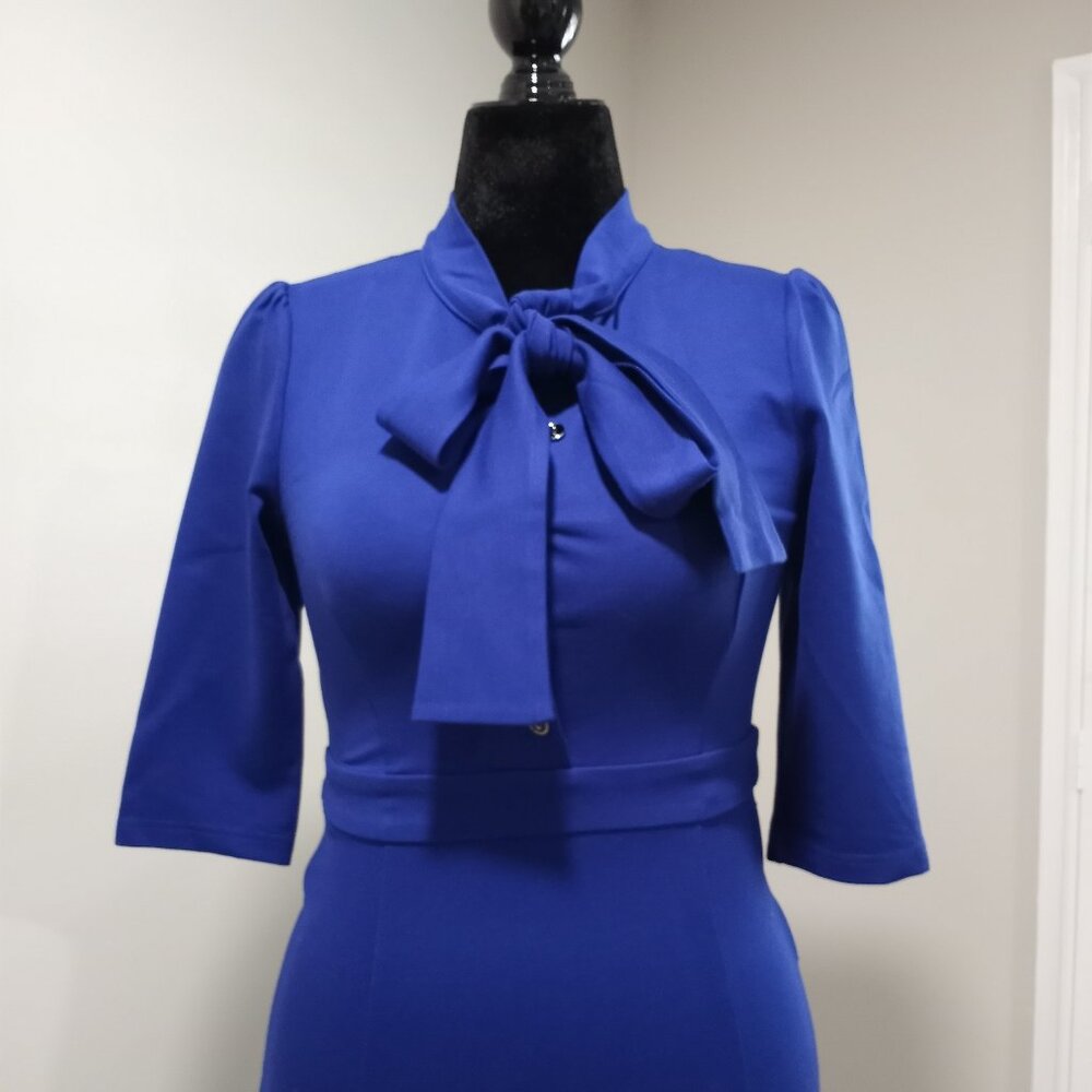 STYLEWE BLUE FIT & FLARE DRESS WITH 3/4 SLEEVE & NECKTIE WOMEN SIZE L - Picture 2 of 15
